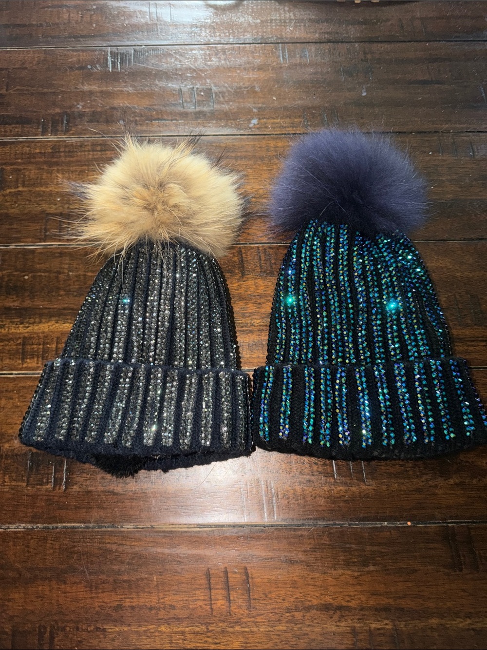 Sequin Ribbed Pom Beanie Hat - Black with Tan and Navy beautiful sparkly hats!